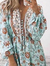 preiswerte Ausgefallene Kleider-Damen Minikleid Freizeitkleid Boho-Kleid Elegant Mode Romantisch Outdoor Urlaub Ferien Normale Passform Blume Langarm V Ausschnitt Leicht Blau Sommer