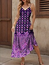 billiga Boho klänningar-Dam Maxiklänning A linjeklänning Slipklänning Semester Ledigt Boho Strand Normal Grafisk Årgång Boho Paisley Damask Ärmlös V-hals Rodnande Rosa Rubinrött Blå Purpur Sommar Vår