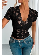 abordables Hauts en dentelle-Femmes Chemisier Hauts en dentelle Uni Élégant Moderne Manche Courte Col en V Hauts Réguliers Fête Sortir Dentelle Noir Blanche Vert Été