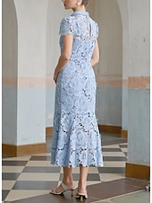 abordables Robes de cocktail-Robe Cocktail Colonne Jaune Bleue Élégante Robe Brodée Mariage Formelle Longueur Cheville Manches Courtes Col Montant Dentelle avec Fente