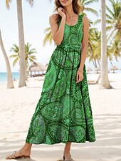 preiswerte Boho Kleider-Damen Midikleid Sommerkleid A Linie Kleid Schulterfreies Kleid Urlaub Lässig Normale Passform Grafik Paisley-Muster Boho Paisley Damast Ärmellos U-Ausschnitt Rundausschnitt Wein Blau Fuchsie Grün
