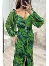 abordables Vestidos florales elegantes-Mujer vestido largo vestido largo Vestido de Fiesta Vestido Cóctel Vestido de flores Moda Fiesta de Noche Fiesta Cita Ajuste regular Flor Manga Larga Escote en Pico Azul Piscina Amarillo Vino Verde
