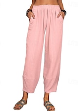 baratos Calça de linho de algodão simples-Mulheres Calças de linho de algodão Calças Roupa de rua Casual Comprimento total Natural Tecido Bolsos Cintura elástica Confortável Para Noite Final de semana Vinho Cinzento Preto Branco Verão Normal