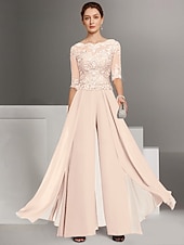 abordables Combinaisons pour maman-Combinaison deux pièces  tailleur mère de la mariée invitée de mariage église élégante petite décolleté bateau longueur sol chiffon manches mi-longues avec appliqués taille personnalisée gratuite