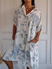 cheap Women&#039;s Graphic Tops-Women&#039;s Mini Dress Shirt Dress Casual Dress Summer Dress Fashion Modern Daily Weekend Regular Fit Floral Leaf Long Sleeve Shirt Collar Black White Blue Green Summer