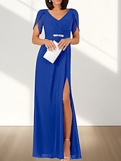 cheap Wedding Guest Dresses-A-Line Wedding Guest Dresses Elegant Dress Wedding Guest Engagement Floor Length Short Sleeve V Neck Chiffon with Ruched Beading Slit