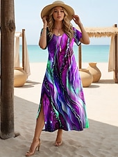 cheap Hawaiian Dress-Women&#039;s Midi Dress Sundress A Line Dress Vacation Casual Beach Going out Regular Fit Ombre Graphic Geometric Short Sleeve Crewneck Purple Green Summer