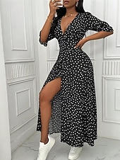 abordables Robe Simple-Femmes Robe Longue Maxi Robe Robe Décontractée Robe d&#039;été Élégant Mode Extérieur Fête Date Coupe régulière À pois manche longue Col en V Noir Rouge Bleu Été Printemps