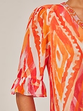 ieftine Rochii florale-Pentru femei Rochie Midi Rochii Midi Portocaliu Manșon scurt Folk Imprimare Primavara vara În V Rochie model S M L