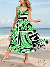 preiswerte Streifen- und geometrische Kleider-Damen Midikleid Freizeitkleid Sommerkleid A Linie Kleid Schulterfreies Kleid Urlaub Lässig Normale Passform Grafik Geometrisch Abstrakt Ärmellos U-Ausschnitt Rundausschnitt Gelb Blau Grün Sommer