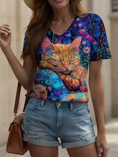 abordables T-shirt Animaux-Femmes T-shirt Fleuri Graphique Animal ancien Élégant Classique Manche Courte Col en V Hauts Réguliers Quotidien Imprimé Arc-en-ciel Été Printemps