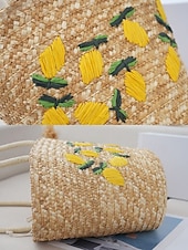abordables Cabas et fourre-tout-Sac fourre-tout en paille brodé marguerite pour femme - sac fourre-tout de plage d&#039;été avec motif floral, cocotier, citron, style bohème décontracté, adapté aux vacances et à un usage quotidien
