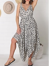 abordables Robes Floraux Imprimés-Femmes Robe Midi Robe Élégante Élégant Sans manches Coupe ajustée Léopard Sans manches Col en V Blanche Jaune Rouge Bleu Été Printemps Automne