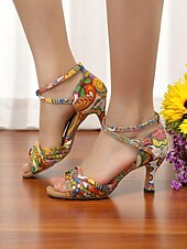 preiswerte Lateinamerikanische Schuhe-Bunte Latein-Tanzsandalen für Damen – offene Absätze mit Boho-Muster für Salsa-, Samba- und Sommerauftritte für Damen