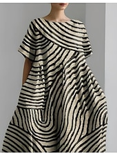 cheap Floral Dress-Women&#039;s Maxi Dress Sundress A Line Dress Summer Dress Vacation Casual Beach Daily Holiday Going out Loose Fit Graphic Geometric Linen Like Short Sleeve Crew Neck Boat Neck Dark Brown Light Brown