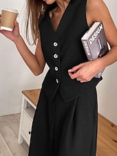 abordables Ensembles chemisiers pour femmes-Femmes Actif Mode Chemisier Gilet Ensembles de Pantalons Sans manches Col en V Couleur Unie Dubbele Rij Knopen Extérieur Fête Noir Marron Gris Été Coupe régulière