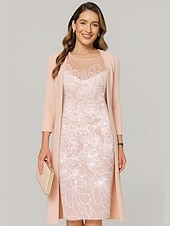 abordables Avec veste-Ensembles de Robes Deux Pièces Robe Mère de la Mariée Élégante Illusion Col Longueur Genoux Chiffon Manches Mi-Longues avec Broderie de Sequins