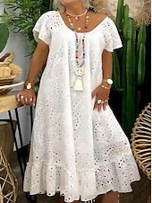 halpa Valkoiset pitsimekot-Naisten Pitkä mekko Maxi mekko Valkoinen mekko Pitsimekko Rento mekko Kesämekko Katutyyli Maxi Katu Deitti Loose Fit Lyhythihainen Tiukka pyöreä kaula-aukko Musta Valkoinen Kesä