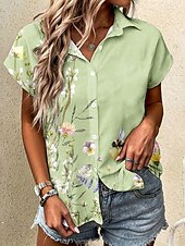 abordables Hauts Floraux-Femmes Chemise A Ombre Fleuri Graphique ancien Tropical Quotidien Manche Courte Mancheron Col de chemise Hauts Longs Quotidien Vert Claire Été Printemps
