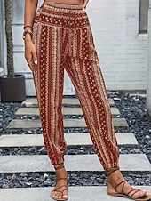 preiswerte weites Bein und hohe Taille-Damen Jogginghose Hosen Hose Urlaub Boho Volle Länge Mittlere Taille Geometrisch Elastischer Bund Atmungsaktiv Bequem Mikroelastisch Straße Alltagskleidung Ausgehen Dunkelbraun Weiß Rot Dunkelgrün