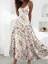 preiswerte Blumenkleider-Damen Maxikleid A Linie Kleid Unterkleid Urlaub Lässig Boho Party Ausgehen Normale Passform Blumen Grafik Ärmellos V Ausschnitt Blau Purpur Braun Beige Sommer Frühling