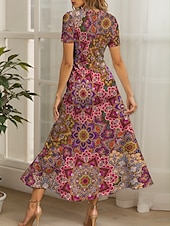 abordables Robes Boho-Femmes Robe maxi Robe Décontractée Robe trapèze Robe d&#039;été Vacances ancien Ethnique Coupe régulière Graphique Géométrique Motif cachemire damassé bohème Manche Courte Col carré Rouge Bleu Ét