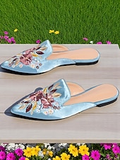 abordables Ballerines femme-mules en satin brodées à bout pointu pour femmes – ballerines à enfiler à fleurs vintage pour les rendez-vous décontractés et les promenades en plein air