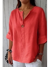 cheap Shirts-Women&#039;s Shirt Cotton Linen Shirt Blouse Plain Modern Casual 3/4 Length Sleeve V Neck Regular Tops Daily Going out Buttons Black White Red Navy Blue Green Summer