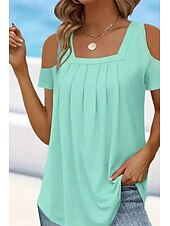 abordables T-shirt uni-Femmes Chemisier Uni Moderne Occasionnel Manche Courte Col carré Hauts Réguliers Fête Sortir Froncé Bleu Vert Été