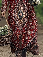 preiswerte Blumenkleid-Damen Maxikleid A Linie Kleid Sommerkleid Lässig Boho Täglich Normale Passform Blumen Grafik Paisley-Muster Langarm Einkerbiger Ausschnitt Wein Blau Purpur Fuchsie Sommer