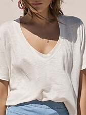 cheap Shirts-Women&#039;s Linen Shirt Blouse Plain Casual Short Sleeve V Neck Regular Tops Holiday Going out White Brown Summer