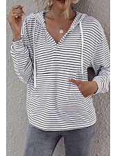 voordelige Dames Strepen &amp; Geometrische Tops-Dames Blouse Gestreept Casual Lange mouw Capuchon Normale tops Dagelijks Uitgaan Zak Wit Bruin Zomer