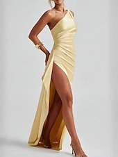 abordables Robes de bal de promo-Robe de fête sirène  trompette Jaune Robe élégante Mariage Invité de mariage Longue crue Sans manches Une épaule Satin avec détails plissés