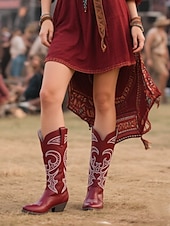 ieftine Cizme Cowboy &amp; Western-cizme de cowboy occidentale de damă cu design brodat – cizme elegante maro cu toc bloc pentru festivaluri de muzică, îmbrăcăminte casual și evenimente în aer liber