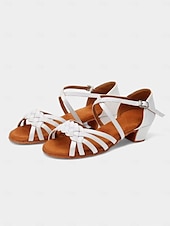 baratos Sapatos de Dança Latina-Sapatos de dança latina femininos bege com detalhe de tira trançada, design de salto baixo para apresentações de dança latina infantil
