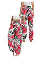 economico Pantaloni in cotone e lino con grafica-Per donna Pantaloni ispirati al lino Gamba larga Pantaloni Stile Etnico Casual Boho Lunghezza intera Vita Alta Floreale Foglia Tropicale Tasca Elastico in vita Stampa Traspirabilità Morbido