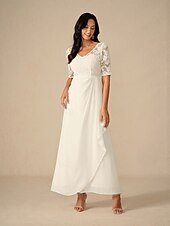 abordables Robe de cocktail-Femmes Robe maxi Robe Blanche Robe en Chiffon Élégant Mariage Fiançailles Coupe régulière Uni Manche Courte Col en V Blanche Été Printemps Automne Hiver