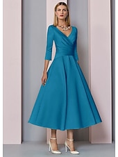 voordelige Vloerlengte-Strand Bruiloft A-Lijn Gouden Jurken Moeder van de Bruid Jurk Bruiloft Gast Elegante Vintage Plus Size V Hals Thee Lengte Satin 3/4 Lengte Mouw met Plissé dress to impress 2025 gratis op maat gemaakt