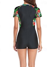 abordables Maillots de bain une pièce-Femmes Maillots de Bain Une Pièce Maillot de bain Zip Up Patchwork Tropical Tenues de plage Fleur Col rond Manches courtes Maillots de bain