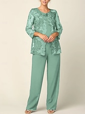 abordables Costumes-pantalons pour maman-tailleur pantalon bleu jaune 3 pièces robe mère de la mariée élégant col rond longueur au sol mousseline manches longues cache-cœur inclus avec broderie en dentelle 2025