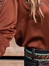 billige Boho topper-Dame Boho skjorte Bluse Blomsternål i krystall Moderne Fritid Bohem Langermet Skjortekrage Vanlige topper Daglig Ferie Knapper Trykt mønster Brun Sommer