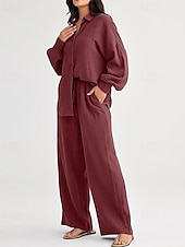 billiga Uppsättningar-Dam Mode Streetwear Skjorta Tvådelade set Byxuppsättningar Långärmad Tröjkrage Ensfärgat Snörning Dagliga kläder Datum Svart Vin Armégrön Vår Normal