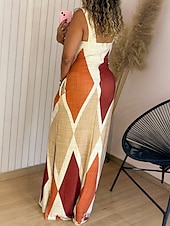 preiswerte Ausgefallene Kleider-Damen Langes Kleid Maxikleid Sommerkleid Unterkleid Druckkleid Elegant Täglich Ausgehen Sommerkleid Normale Passform Geometrisch Farbblock Ärmellos Quadrathals Gelb Leicht Braun Purpur Braun Sommer