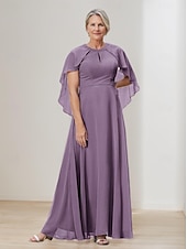 cheap Floor Length-Cape Dress A-Line Mother of the Bride Dress Elegant Simple Wedding Guest Dress Minimalist Crew Neck Floor Length Chiffon Beaded Lace Short Sleeve with Lace Beading