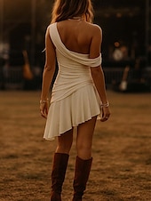 preiswerte Einfaches Kleid-Damen Boho Kleid Western Kleid Vintage Mini Kleid A-Linien Kleid Off-The-Shoulder Kleid Lässig Outdoor Ausgehen Maßgeschneiderte Passform Unifarbene Ärmellos Ein Schulter Aprikose Sommer Frühling