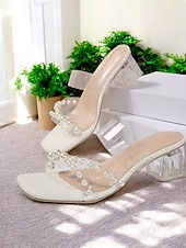 preiswerte Urlaubsandalen-Damen-Pumps aus transparentem PVC mit Perlenakzenten und Blockabsatz, perfekt für Hochzeiten und formelle Anlässe