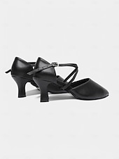 preiswerte Schuhe für Standardtanz und Modern Dance-Schwarze Latein-Tanzschuhe für Damen mit gekreuzten Riemen und geschlossener Spitze und niedrigem Absatz – bequeme Performance-Ballsaalschuhe für Anfänger und Gesellschaftstänzer