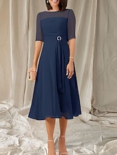 abordables Longueur du thé-Robe Mère de la Mariée A-Line Invité de Mariage Élégante Col Ras du Cou Longueur Thé Chiffon Manches Mi-longues avec Sash  Ruban Robe Midi Froncée