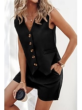 abordables Ensembles chemisiers pour femmes-Femmes Actif Streetwear Chemisier Ensembles de Shorts Sans manches Col en V Couleur Unie Dubbele Rij Knopen Décontracté Quotidien Noir Vert Véronèse Bleu Été Coupe régulière