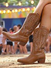 levne Cowboy &amp; Western Boots-Dámské hnědé kovbojské boty v bohémském westernovém stylu – klasické prošívání s blokovým podpatkem pro hudební festivaly, běžné nošení a outdoorové nošení